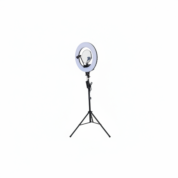 A portable ring light with an adjustable black tripod stand, shown against a plain white background.