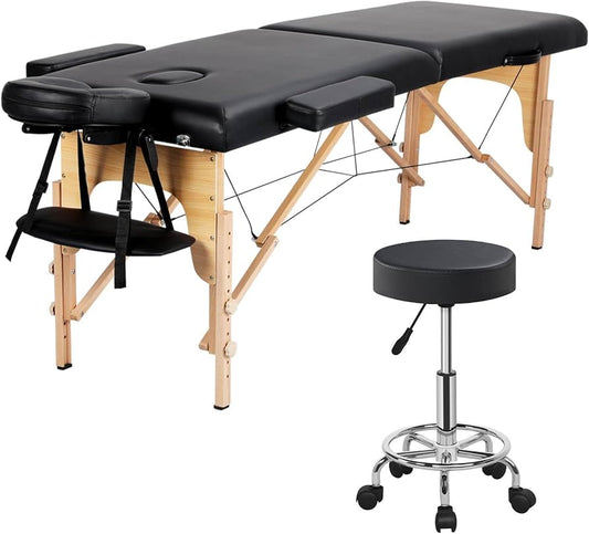 Portable 2-Fold Wooden Massage Table with Stool – Professional Spa & Therapy Bed, Black