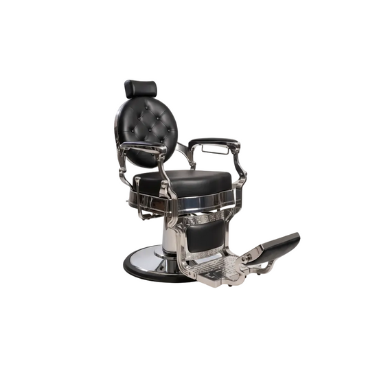 A professional barbershop barber chair with black tufted faux leather upholstery and polished chrome metal base and armrests, shown on a pure white background.