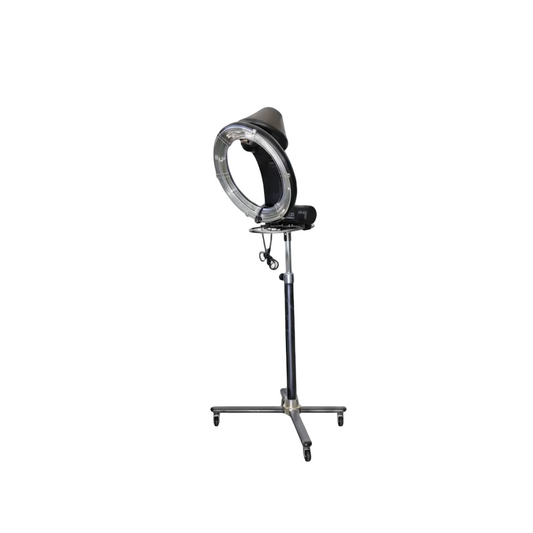 A professional hair extension or wig ring attachment stand, featuring a black padded headrest, a clear circular ring light, and a black metal stand with caster wheels, shown against a plain white background.