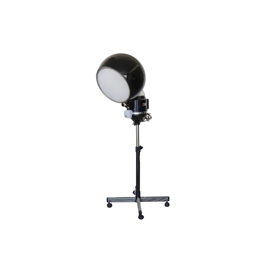 A professional studio light stand with a large circular diffuser, adjustable stand head, and a four-wheel base on a plain white background.