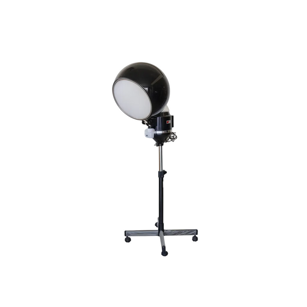 A professional studio light stand with a large circular diffuser, adjustable stand head, and a four-wheel base on a plain white background.