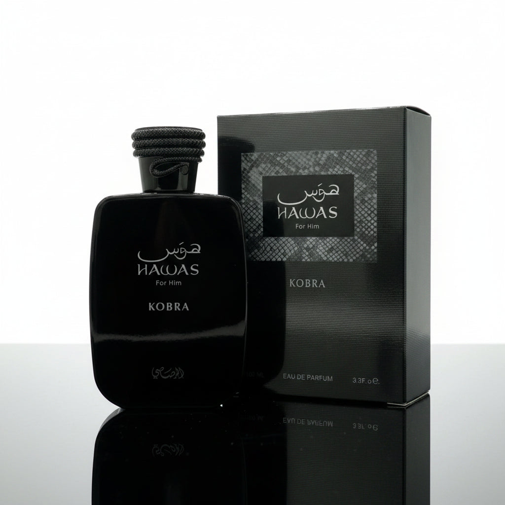 Black perfume bottle and packaging with 'Hailias' branding on a white background