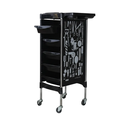 A black rolling utility cart with four front storage bins, a top shelf, and a decorative side panel featuring a white graphic pattern, shown on a plain white background.