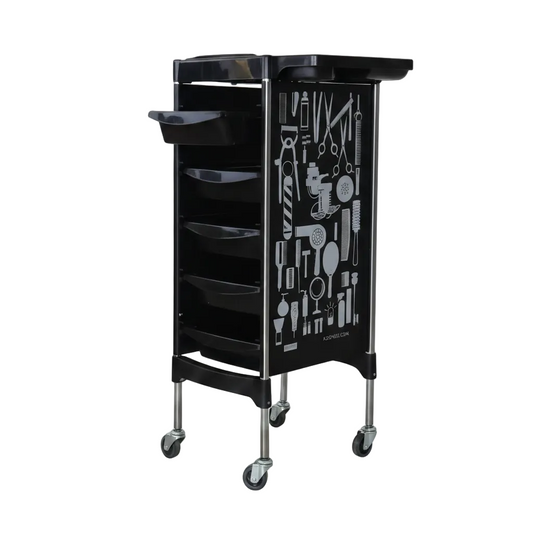 A black rolling utility cart with four front storage bins, a top shelf, and a decorative side panel featuring a white graphic pattern, shown on a plain white background.