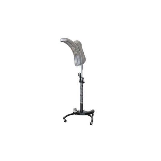 A salon hair extension or wig application stand with a curved silver metal head and a black wheeled base, shown against a plain white background.