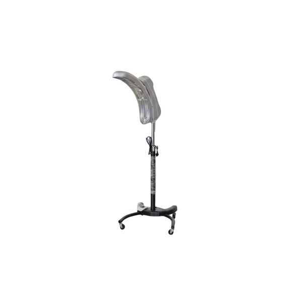 A salon hair extension or wig application stand with a curved silver metal head and a black wheeled base, shown against a plain white background.
