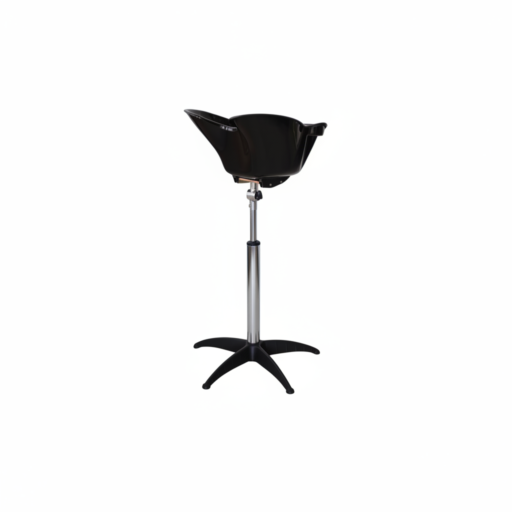 A black salon shampoo bowl with an adjustable chrome metal stand and black star base, shown against a plain white background.