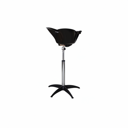 A black salon shampoo bowl with an adjustable chrome metal stand and black star base, shown against a plain white background.