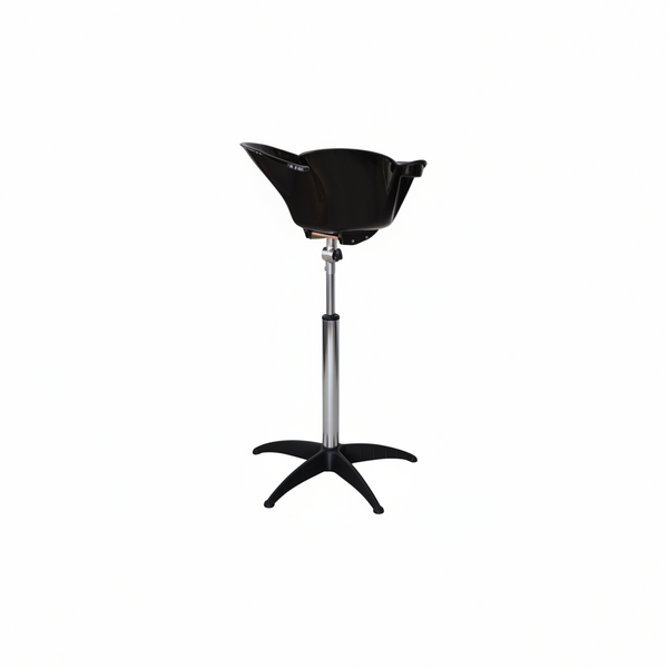 A black salon shampoo bowl with an adjustable chrome metal stand and black star base, shown against a plain white background.