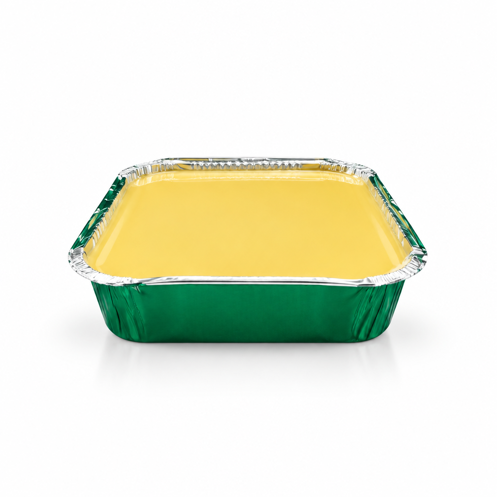 A small square foil pan filled with yellow gel or cream, shown on a plain white background.