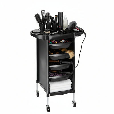 Black rolling utility cart with five front storage drawers, two front shelves, and cup holders on the top, shown on a white background.