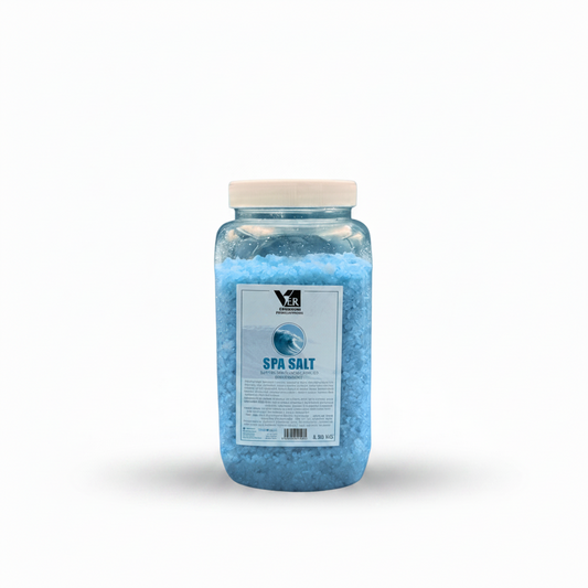 Jar of blue sea salt with a white lid on a gradient background, featuring the 