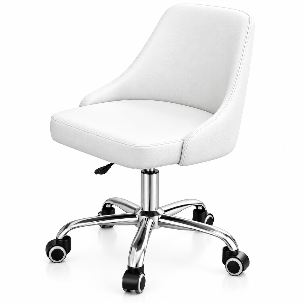 White faux leather office chair with a chrome five-star base and black casters, shown on a solid white background.