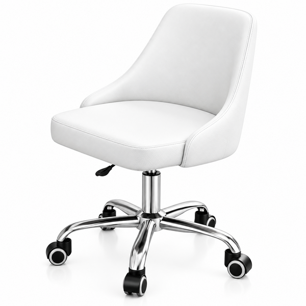 White faux leather office chair with a chrome five-star base and black casters, shown on a solid white background.