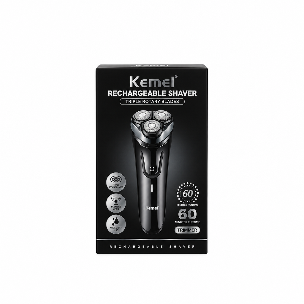 Kemei Rechargeable Shaver in its original black retail packaging, featuring a graphic of the black and silver electric shaver on the box front.