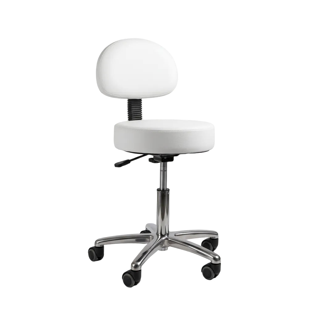 White upholstered rolling stool with a rounded backrest, chrome five-star base, and black casters on a light gray studio background.