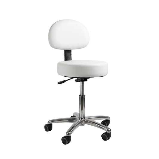 White upholstered rolling stool with a rounded backrest, chrome five-star base, and black casters on a light gray studio background.