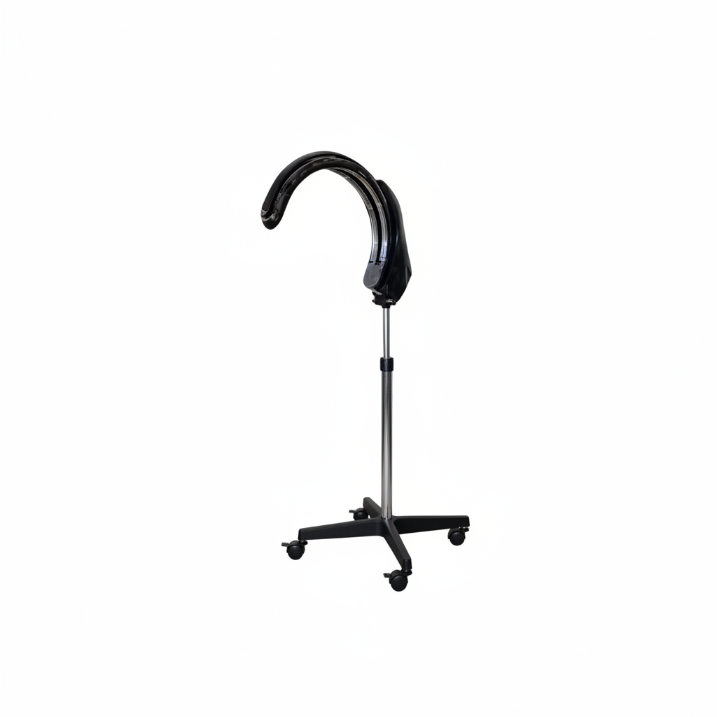 A standing fan with a curved black plastic head, a silver metal pole, and a gray wheeled base, isolated on a white background.
