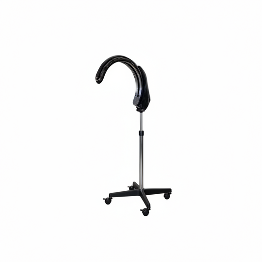 A standing fan with a curved black plastic head, a silver metal pole, and a gray wheeled base, isolated on a white background.