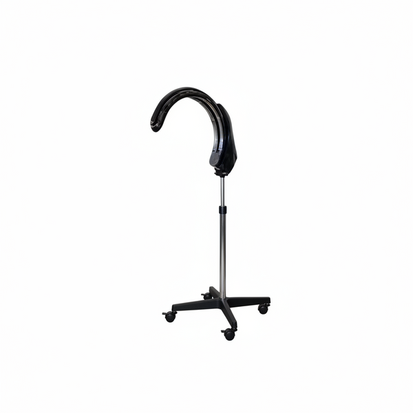 A standing fan with a curved black plastic head, a silver metal pole, and a gray wheeled base, isolated on a white background.