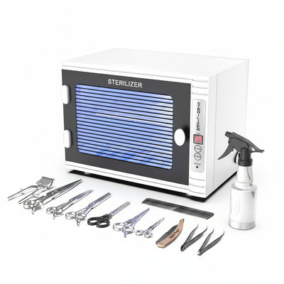 Sterilizer machine with blue light, scissors, a spray bottle, and other tools on a white background