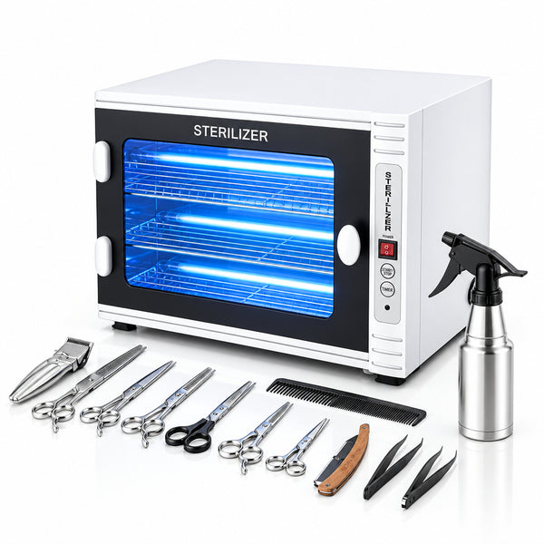 Sterilizer machine with blue light, scissors, a spray bottle, and other tools on a white background