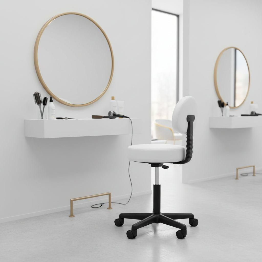 White faux leather medical or examination stool with a round backrest, adjustable black gas lift column, and a five-star black wheeled base.
