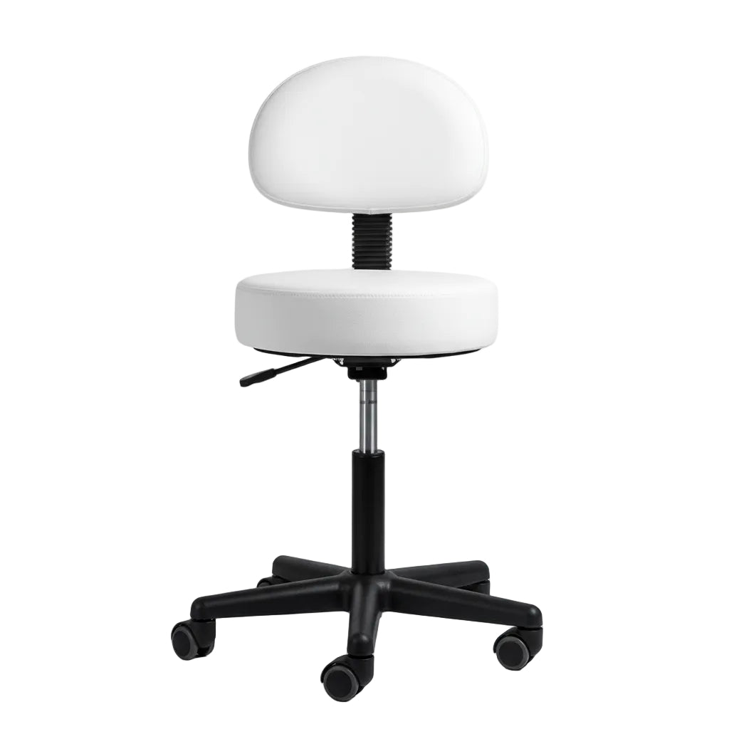 White faux leather medical or examination stool with a round backrest, adjustable black gas lift column, and a five-star black wheeled base.