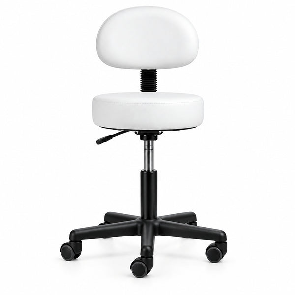 White faux leather medical or examination stool with a round backrest, adjustable black gas lift column, and a five-star black wheeled base.