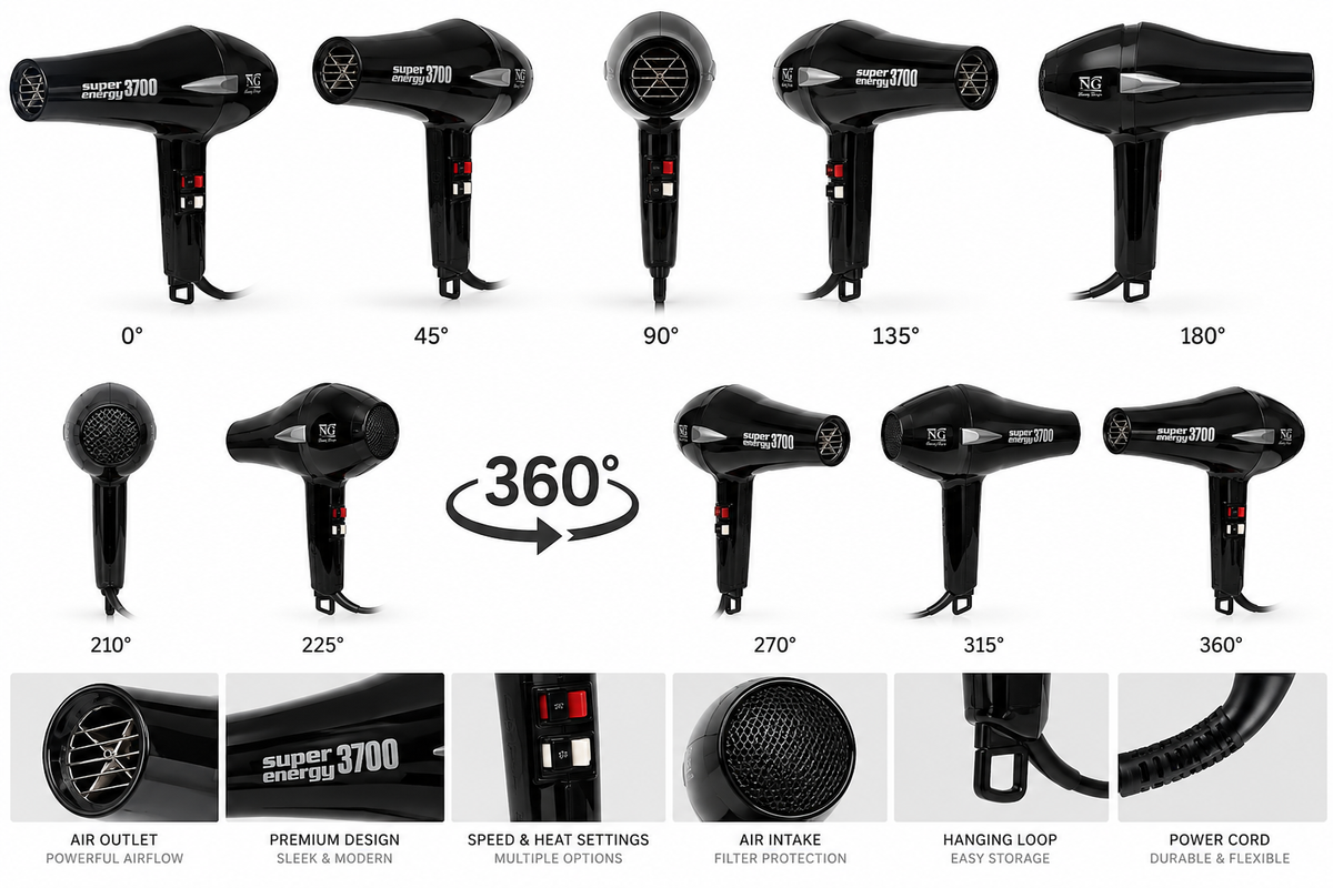 A product collage showing multiple angles of a black hair dryer labeled 'super energy 3700' on a white background, with angle markers from 0° to 360° and feature callout panels at the bottom.