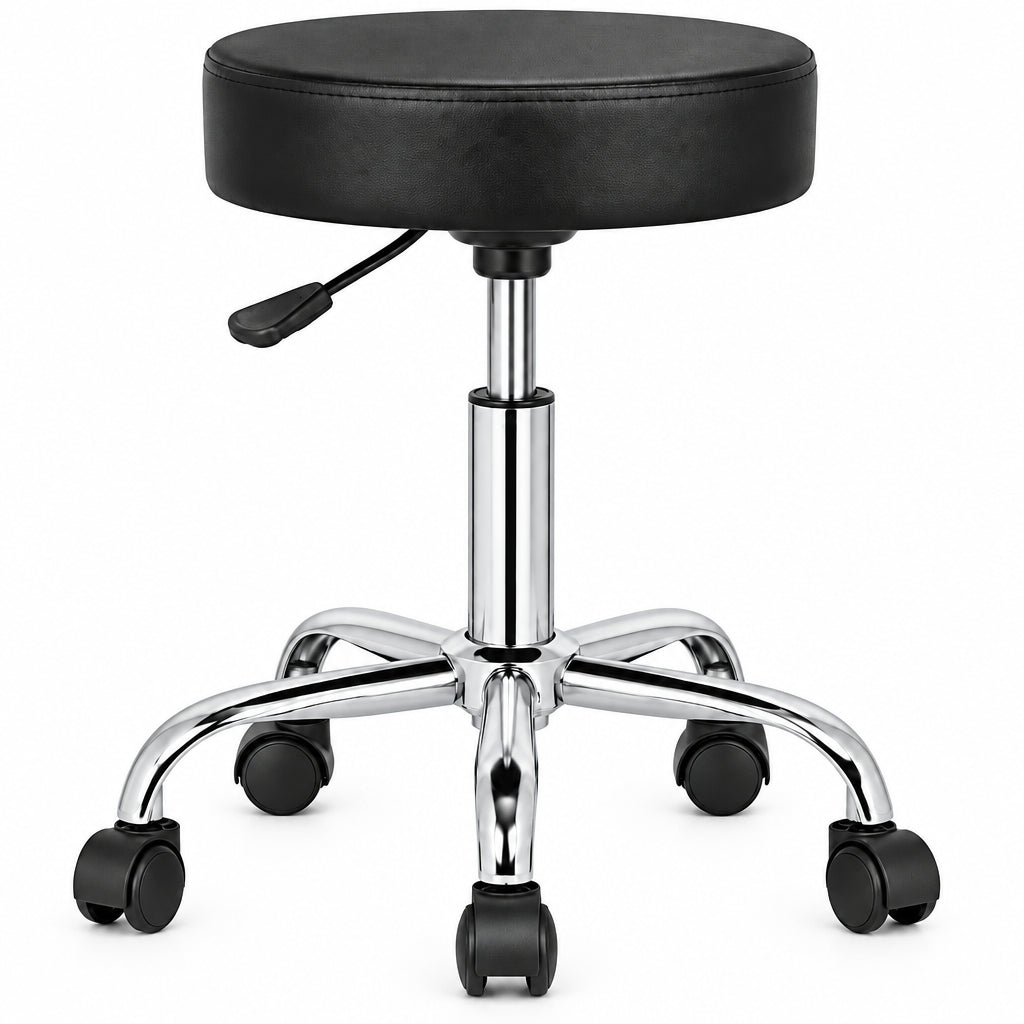Black circular swivel stool with a chrome five-star base and black caster wheels, shown on a plain white background.