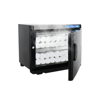 Black towel dryer with open door showing white towels inside