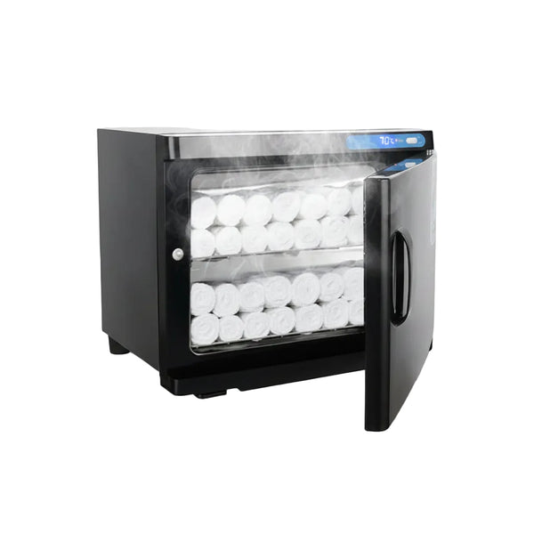 Black towel dryer with open door showing white towels inside