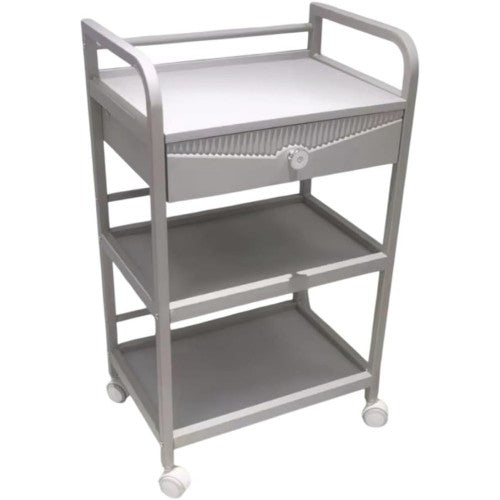 La Perla Tech, 3-Tier Rolling Salon Cart With Storage Drawer, Metal Frame, Wheels, Grey