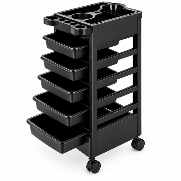 A black rolling cart with multiple tiers and a top tray, shown on a plain white background.